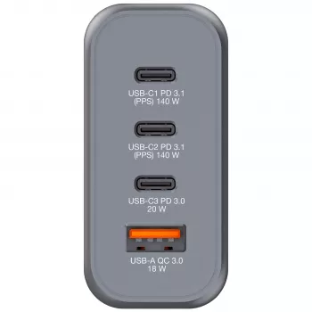 Verbatim GNC-140 Carregador GaN 140 W com 2 x USB-C PD 140 W / 1 x USB-C PD 20 W / 1 x USB-A QC 3.0 (EU/UK/US)