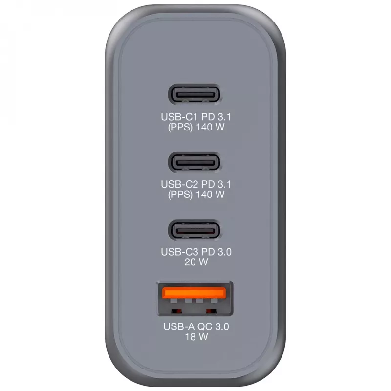 Verbatim GNC-140 Carregador GaN 140 W com 2 x USB-C PD 140 W / 1 x USB-C PD 20 W / 1 x USB-A QC 3.0 (EU/UK/US)