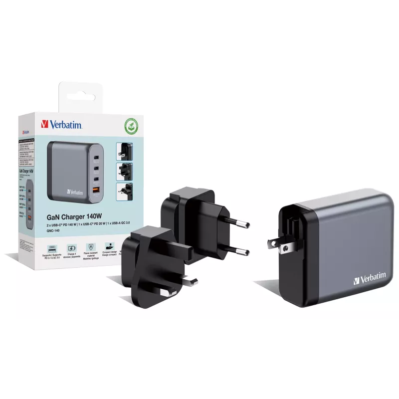 Verbatim GNC-140 Carregador GaN 140 W com 2 x USB-C PD 140 W / 1 x USB-C PD 20 W / 1 x USB-A QC 3.0 (EU/UK/US)