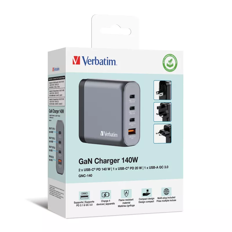 Verbatim GNC-140 Carregador GaN 140 W com 2 x USB-C PD 140 W / 1 x USB-C PD 20 W / 1 x USB-A QC 3.0 (EU/UK/US)
