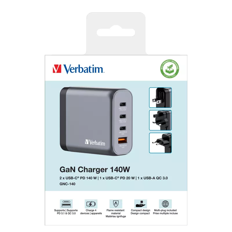 Verbatim GNC-140 Carregador GaN 140 W com 2 x USB-C PD 140 W / 1 x USB-C PD 20 W / 1 x USB-A QC 3.0 (EU/UK/US)