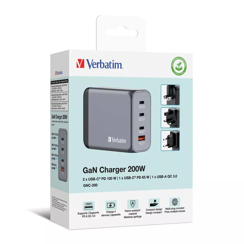 Verbatim GNC-200 Carregador GaN 200W com 2 x USB-C PD 100W / 1 x USB-C PD 65W / 1 x USB QC 3.0 (EU/UK/US)
