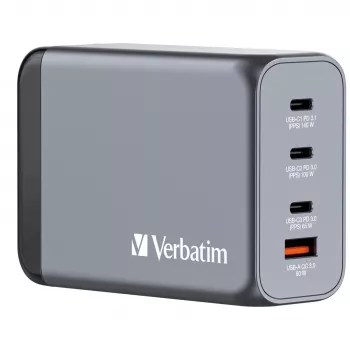 Verbatim GNC-240 Carregador GaN 240 W com 1 x USB-C 140 W / 1 x USB-C 100 W / 1 x USB-C 65 W / 1 x USB-A QC 3.0 (EU/UK/US)