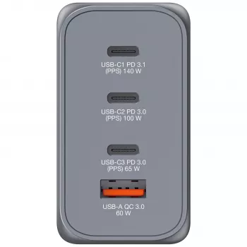 Verbatim GNC-240 Carregador GaN 240 W com 1 x USB-C 140 W / 1 x USB-C 100 W / 1 x USB-C 65 W / 1 x USB-A QC 3.0 (EU/UK/US)