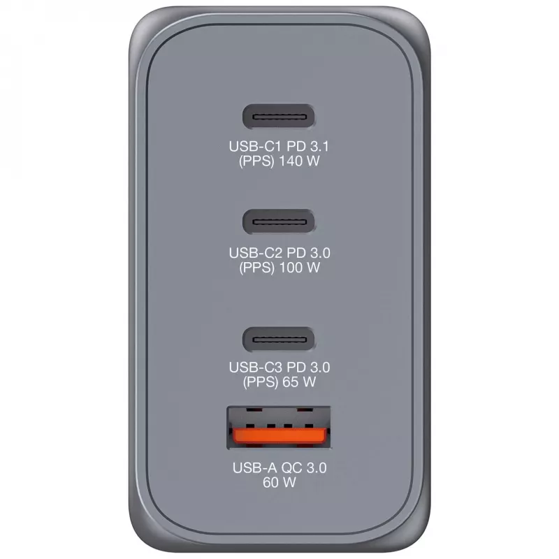 Verbatim GNC-240 Carregador GaN 240 W com 1 x USB-C 140 W / 1 x USB-C 100 W / 1 x USB-C 65 W / 1 x USB-A QC 3.0 (EU/UK/US)