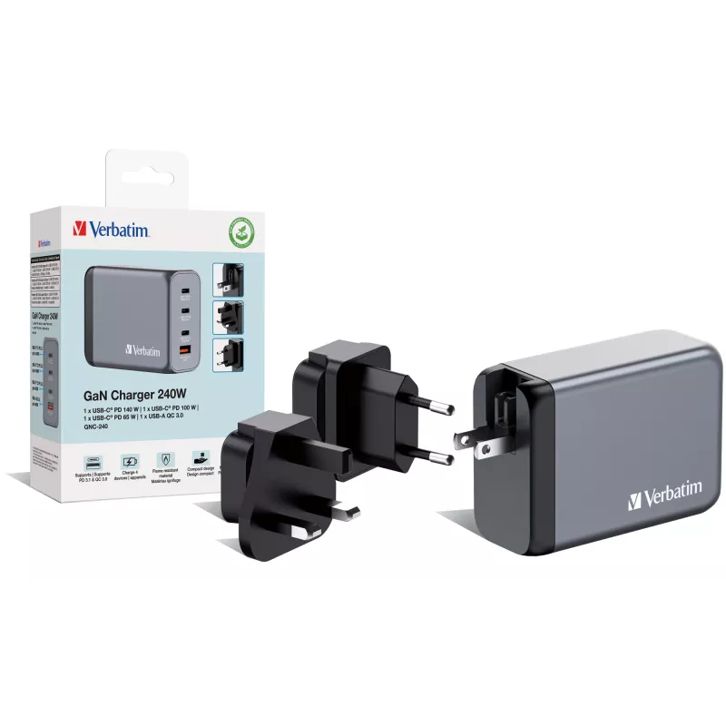 Verbatim GNC-240 Carregador GaN 240 W com 1 x USB-C 140 W / 1 x USB-C 100 W / 1 x USB-C 65 W / 1 x USB-A QC 3.0 (EU/UK/US)