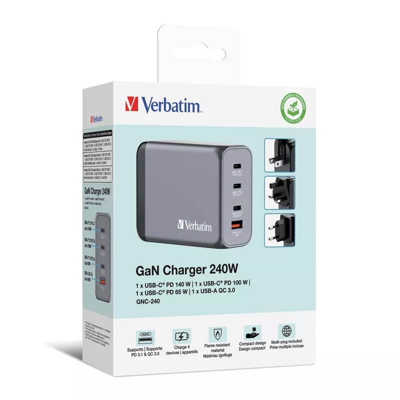 Verbatim GNC-240 Carregador GaN 240 W com 1 x USB-C 140 W / 1 x USB-C 100 W / 1 x USB-C 65 W / 1 x USB-A QC 3.0 (EU/UK/US)