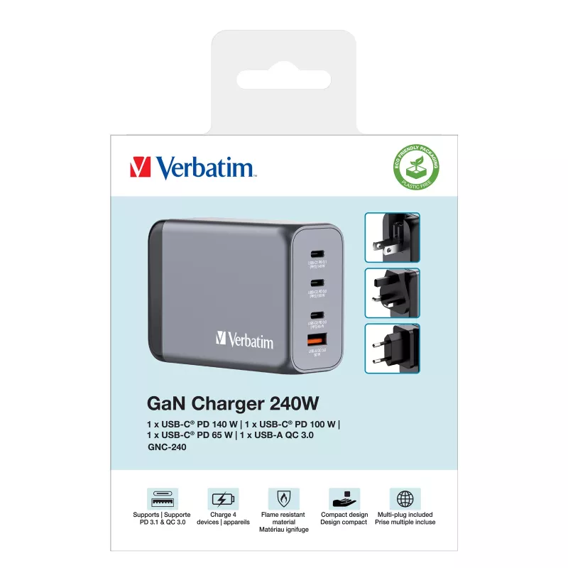 Verbatim GNC-240 Carregador GaN 240 W com 1 x USB-C 140 W / 1 x USB-C 100 W / 1 x USB-C 65 W / 1 x USB-A QC 3.0 (EU/UK/US)