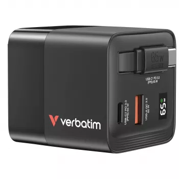Verbatim Carregador GaN 65 W 2 Portas com Cabo Retrátil, Ecrã, Fichas US e Adaptadores EU e UK