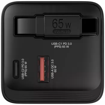 Verbatim Carregador GaN 65 W 2 Portas com Cabo Retrátil, Ecrã, Fichas US e Adaptadores EU e UK