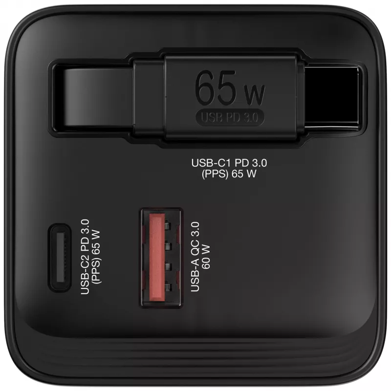 Verbatim Carregador GaN 65 W 2 Portas com Cabo Retrátil, Ecrã, Fichas US e Adaptadores EU e UK