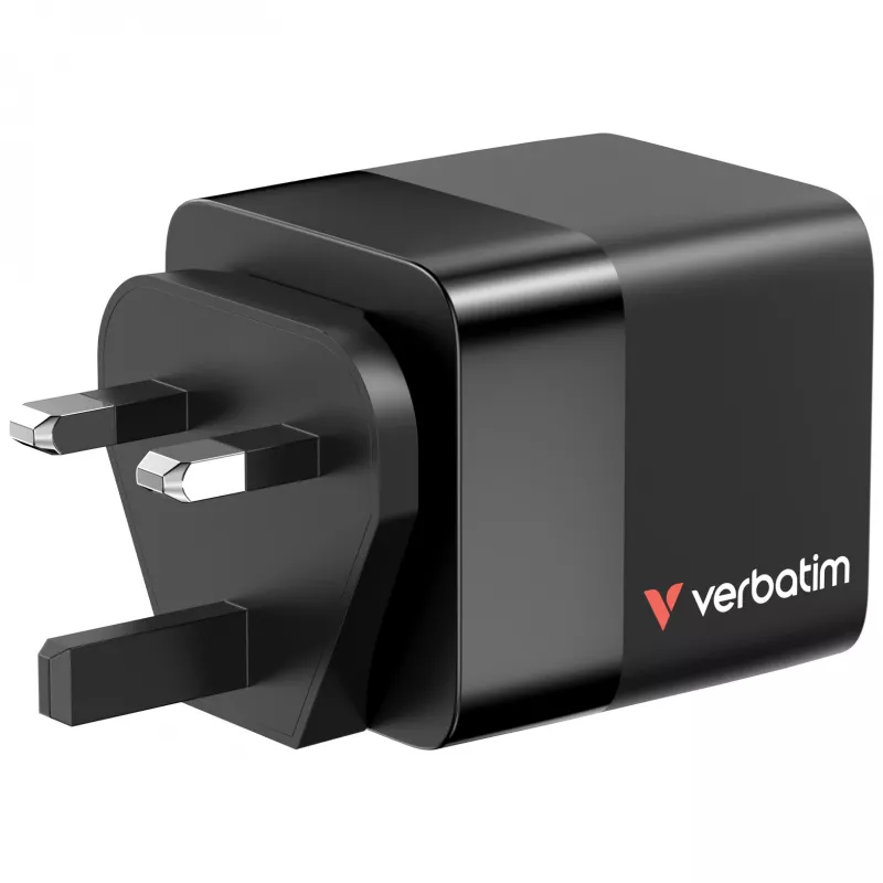 Verbatim Carregador GaN 65 W 2 Portas com Cabo Retrátil, Ecrã, Fichas US e Adaptadores EU e UK