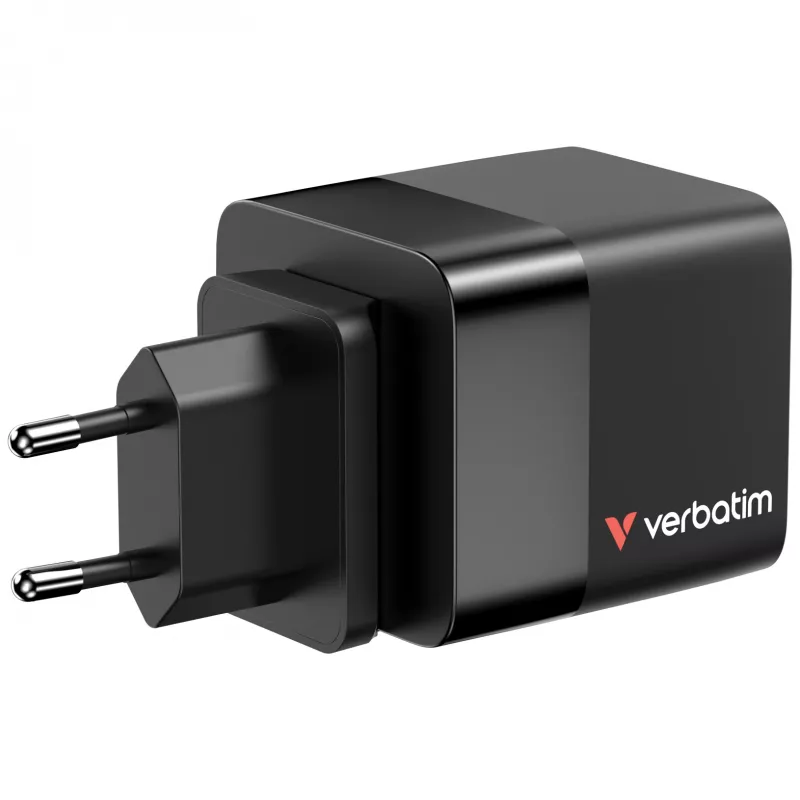 Verbatim Carregador GaN 65 W 2 Portas com Cabo Retrátil, Ecrã, Fichas US e Adaptadores EU e UK