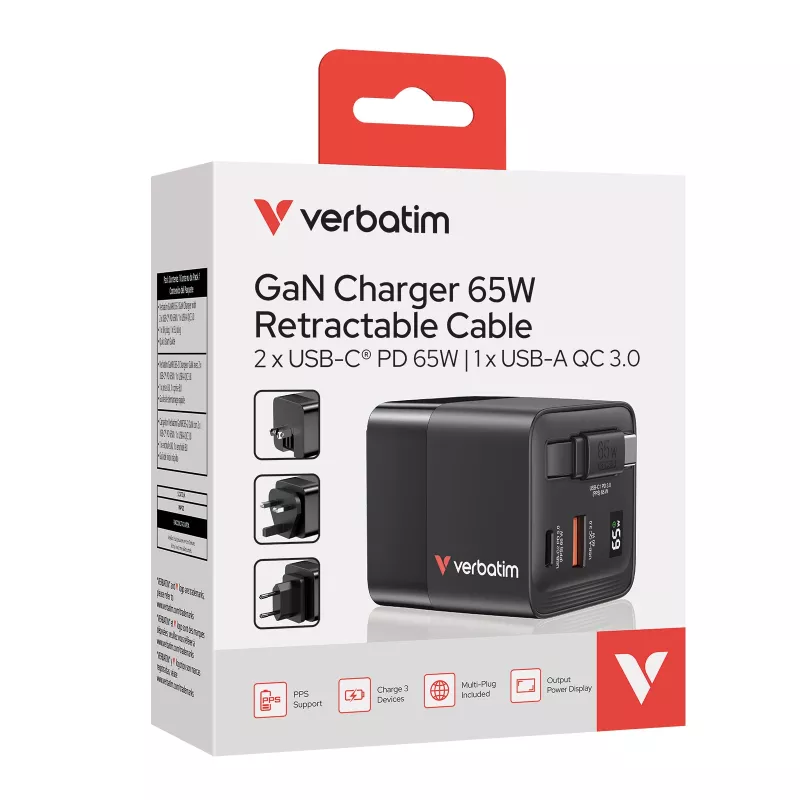 Verbatim Carregador GaN 65 W 2 Portas com Cabo Retrátil, Ecrã, Fichas US e Adaptadores EU e UK