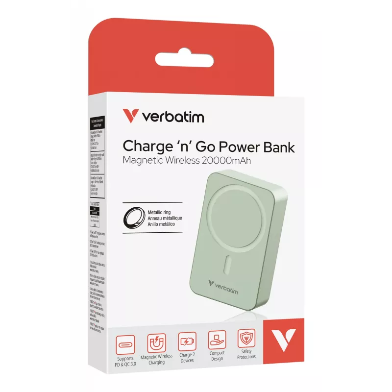 Verbatim Charge 'n' Go Essentials Powerbank Magnética Sem Fios 20000 mAh Verde