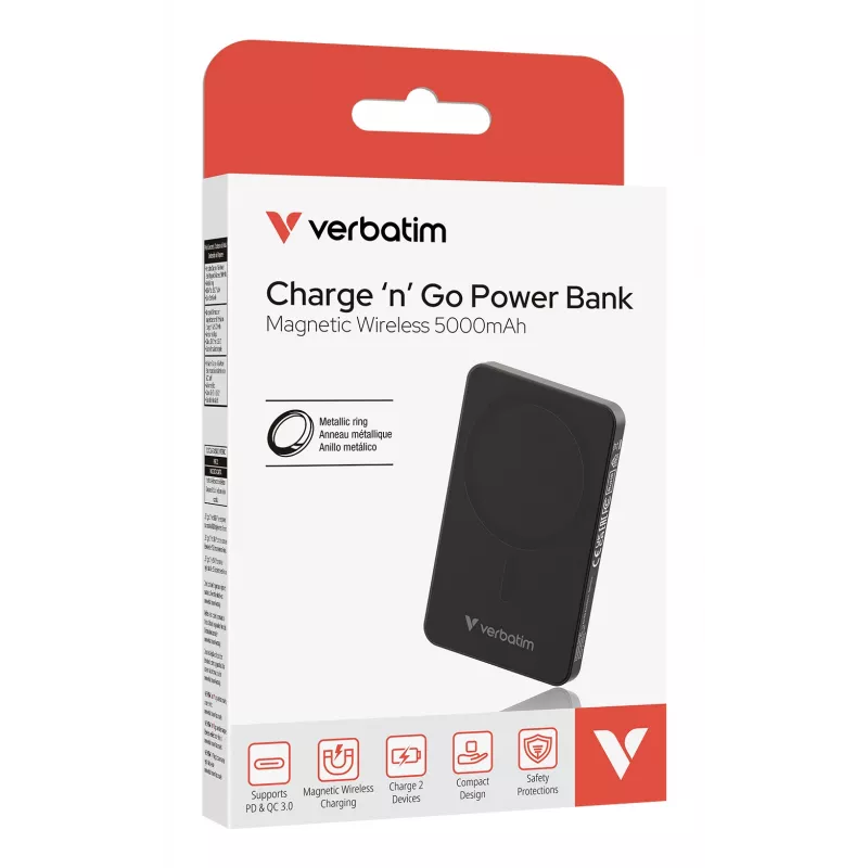 Verbatim Charge 'n' Go Essentials Powerbank Magnética Sem Fios 5000 mAh Preto