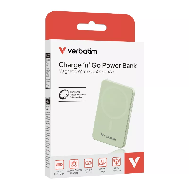 Verbatim Charge 'n' Go Essentials Powerbank Magnética Sem Fios 5000 mAh Verde