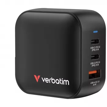 Verbatim Mini Carregador GaN 70W 3 Portas Ficha US com Adaptadores EU e UK