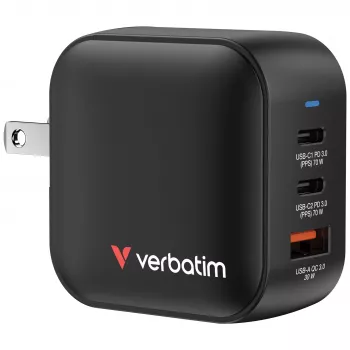 Verbatim Mini Carregador GaN 70W 3 Portas Ficha US com Adaptadores EU e UK