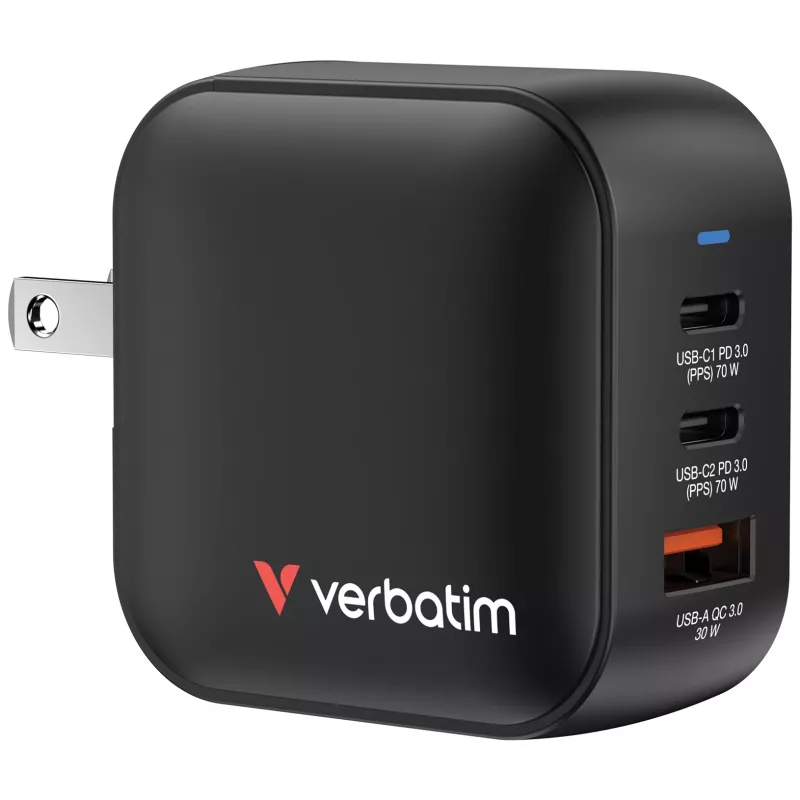Verbatim Mini Carregador GaN 70W 3 Portas Ficha US com Adaptadores EU e UK