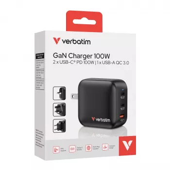 Verbatim Carregador GaN 100W Universal Preto Carregamento Rápido AC Interior