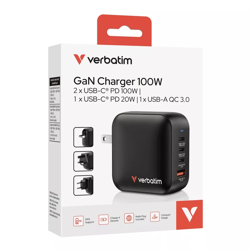 Verbatim Mini Carregador GaN 100W 4 Portas Ficha US com Adaptadores EU e UK