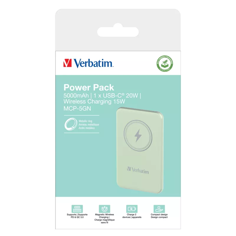 Verbatim Charge 'n' Go Powerbank Magnética Sem Fios 5000 mAh Verde