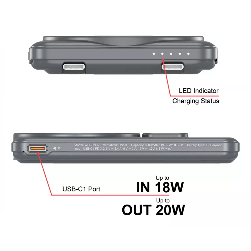 Verbatim Charge'n'Go 2C Powerbank 5000 mAh Cinzento
