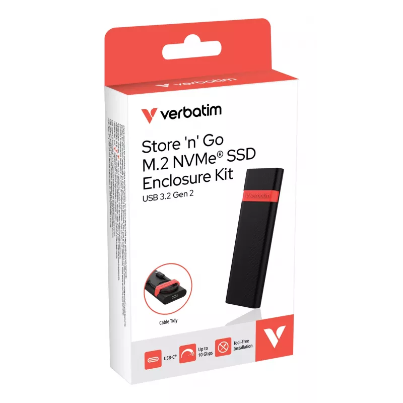 Verbatim Caixa para SSD M.2 NVMe Kit, Caixa para SSD, M.2, PCI Express, 10 Gbit/s, Conectividade USB, Preto, Vermelho