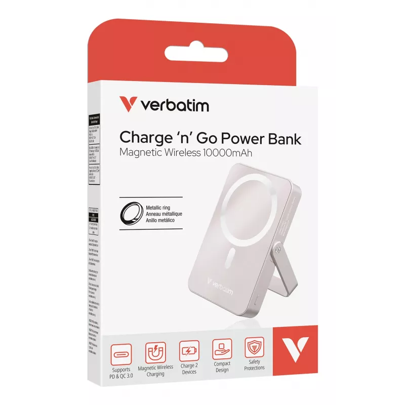 Verbatim Charge 'n' Go Powerbank Magnética Sem Fios com Suporte – 10000 mAh Rosa