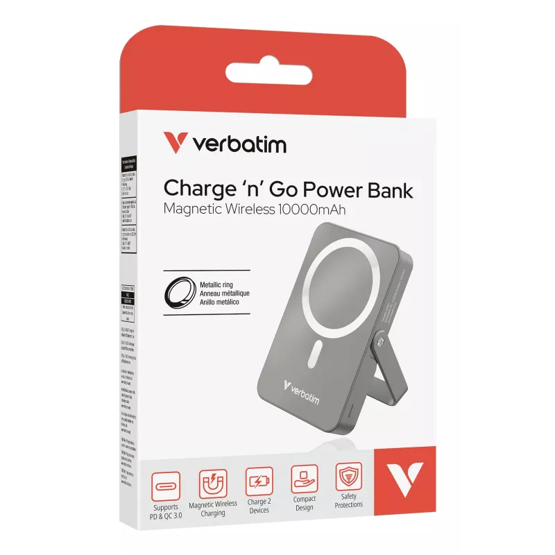 Verbatim Charge 'n' Go Powerbank Magnética Sem Fios com Suporte – 10000 mAh Cinzento