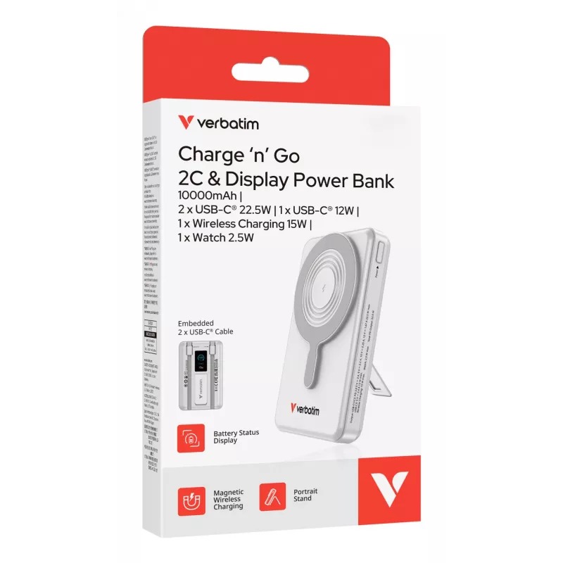 Verbatim Charge'n'Go 2C & Ecrã Powerbank 10000 mAh Prateado