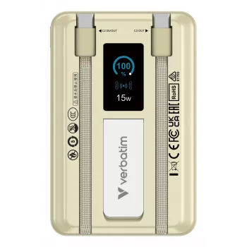 Verbatim Charge'n'Go 2C & Ecrã Powerbank 10000 mAh Dourado, 10000 mAh, Polímero de Lítio (LiPo), Power Delivery 3.0, Quick Charge 3.0, Carregamento Sem Fios, 3,85 V, 52 W