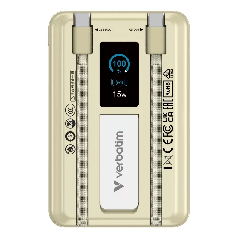 Verbatim Charge'n'Go 2C & Ecrã Powerbank 10000 mAh Dourado, 10000 mAh, Polímero de Lítio (LiPo), Power Delivery 3.0, Quick Charge 3.0, Carregamento Sem Fios, 3,85 V, 52 W