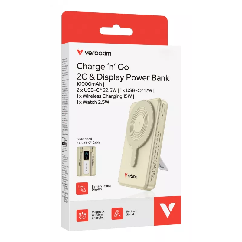 Verbatim Charge'n'Go 2C & Ecrã Powerbank 10000 mAh Dourado, 10000 mAh, Polímero de Lítio (LiPo), Power Delivery 3.0, Quick Charge 3.0, Carregamento Sem Fios, 3,85 V, 52 W