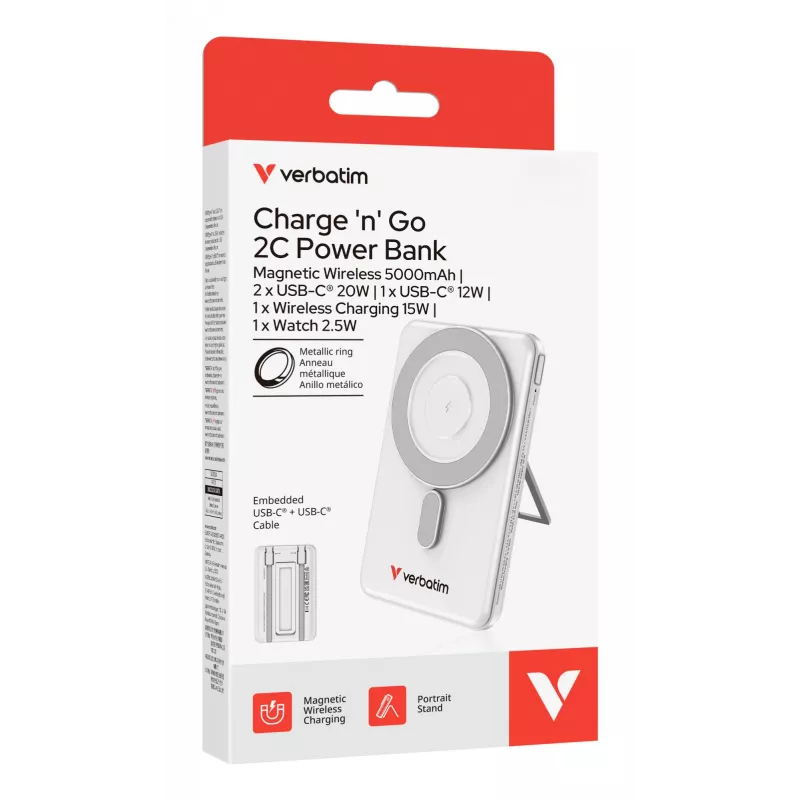 Verbatim Charge'n'Go 2C Powerbank 5000 mAh Prateado, 5000 mAh, Polímero de Lítio (LiPo), Adaptive Fast Charging, Power Delivery 3.0, Quick Charge 3.0, Carregamento Sem Fios, 3,85 V, 20 W