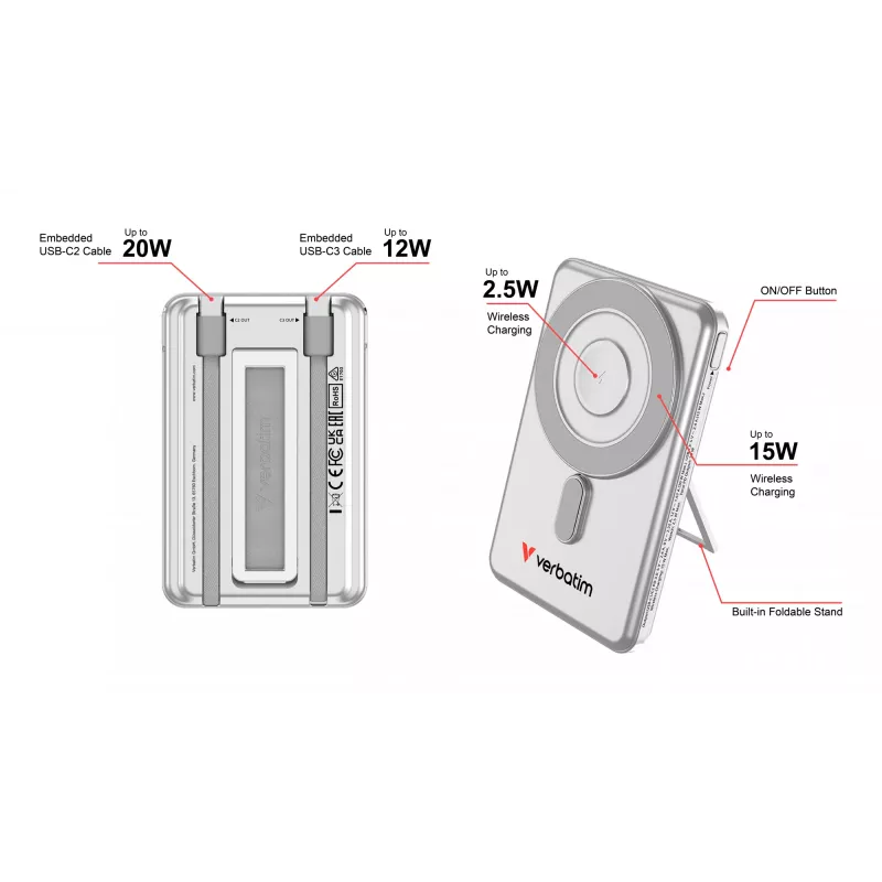 Verbatim Charge'n'Go 2C Powerbank 5000 mAh Prateado, 5000 mAh, Polímero de Lítio (LiPo), Adaptive Fast Charging, Power Delivery 3.0, Quick Charge 3.0, Carregamento Sem Fios, 3,85 V, 20 W