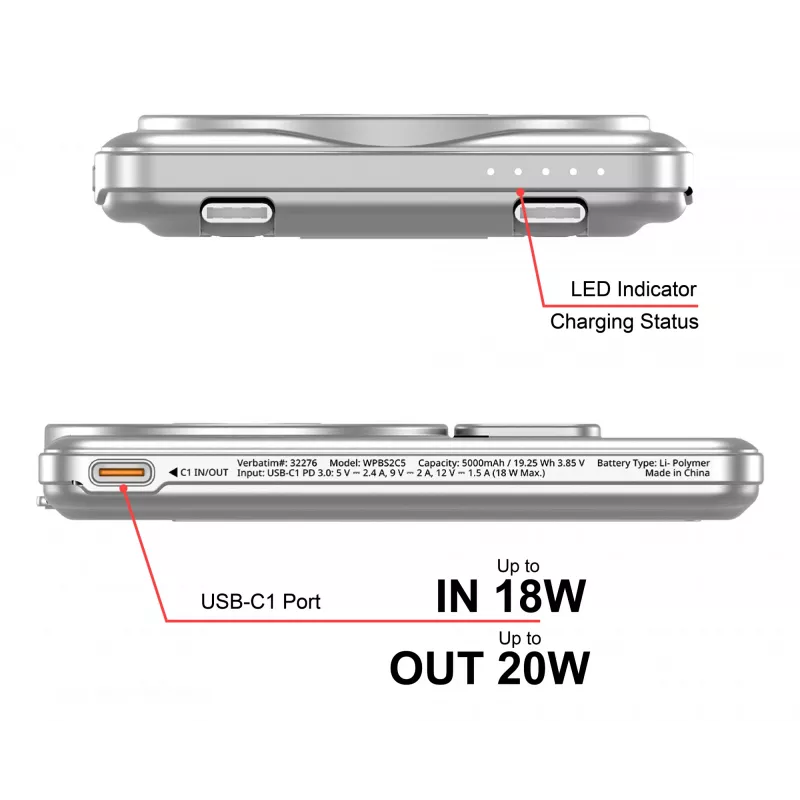 Verbatim Charge'n'Go 2C Powerbank 5000 mAh Prateado, 5000 mAh, Polímero de Lítio (LiPo), Adaptive Fast Charging, Power Delivery 3.0, Quick Charge 3.0, Carregamento Sem Fios, 3,85 V, 20 W