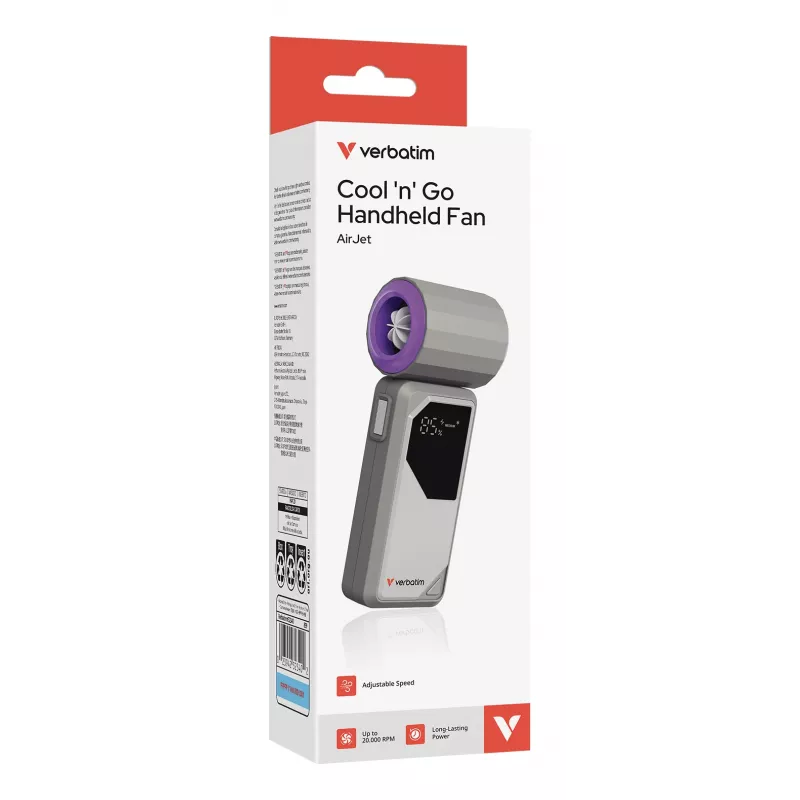 Verbatim Cool’n’Go AirJet ventoinha de mão cinzento/lilás, cinzento, lilás, ventoinha de mão, 1 unid., 6 W, iões de lítio (Li-Ion), 3,7 V