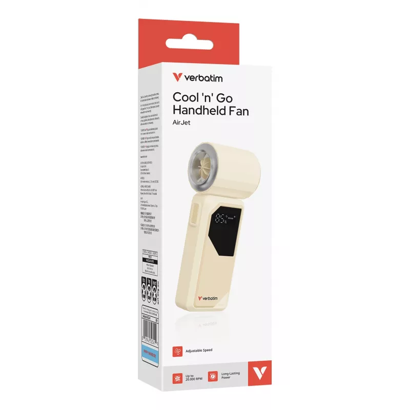 Verbatim Cool’n’Go AirJet ventoinha de mão branco/prateado, prateado, branco, ventoinha de mão, 1 unid., 6 W, iões de lítio (Li-Ion), 3,7 V
