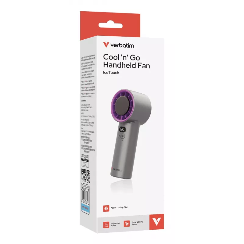 Verbatim Cool’n’Go IceTouch ventoinha de mão cinzento/lilás, cinzento, lilás, 1 ventoinha(s), ventoinha de mão, 1 unid., 8 W, iões de lítio (Li-Ion)