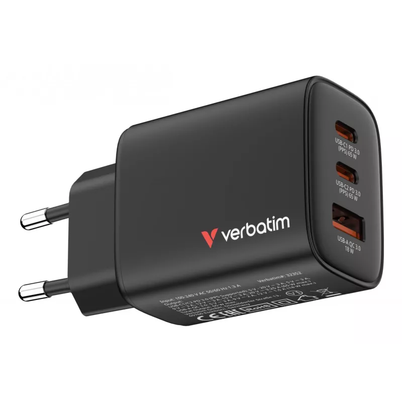 Verbatim Essentials carregador GaN 65W ficha EU preto, interior, AC, 20 V, preto