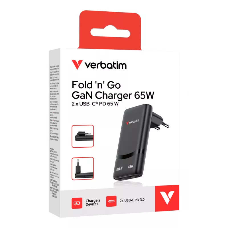 Verbatim Fold 'n' Go carregador GaN 65W ficha EU preto, interior, AC, 20 V, preto