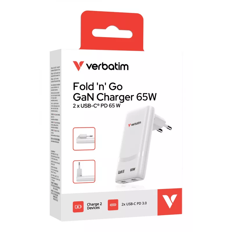 Verbatim Fold 'n' Go carregador GaN 65W ficha EU branco