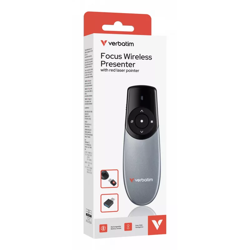 Verbatim Focus apresentador sem fios com ponteiro laser vermelho, RF, USB, 30 m, preto, prateado