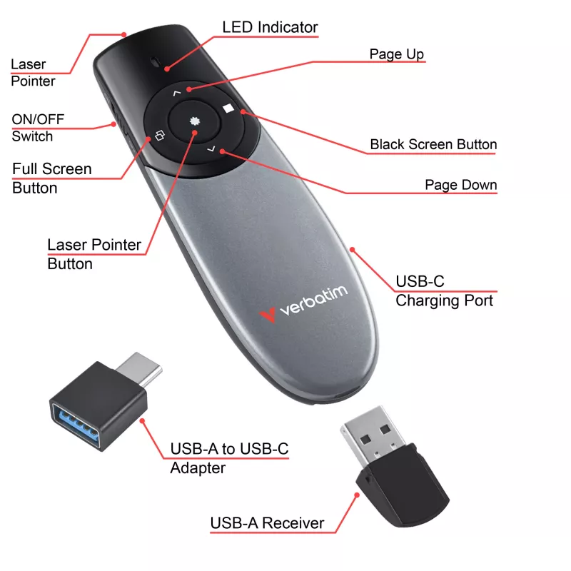 Verbatim Focus apresentador sem fios com ponteiro laser vermelho, RF, USB, 30 m, preto, prateado