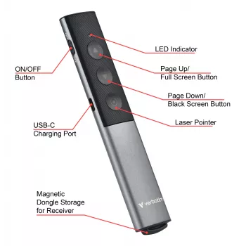 Verbatim Agenda apresentador sem fios com ponteiro laser vermelho, RF, USB, 100 m, preto, prateado