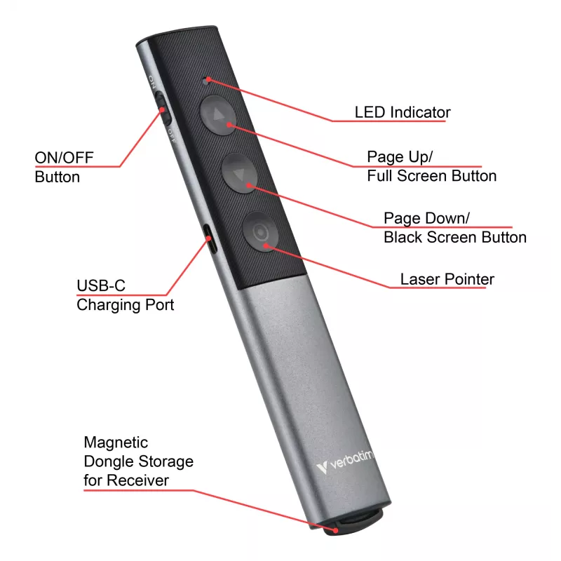 Verbatim Agenda apresentador sem fios com ponteiro laser vermelho, RF, USB, 100 m, preto, prateado