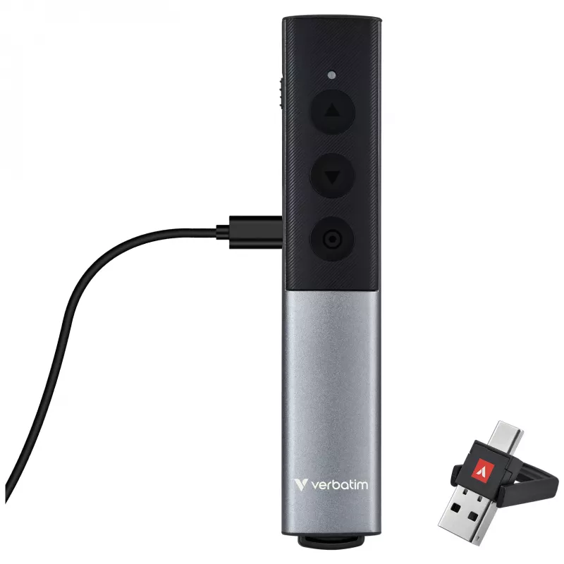 Verbatim Agenda apresentador sem fios com ponteiro laser vermelho, RF, USB, 100 m, preto, prateado