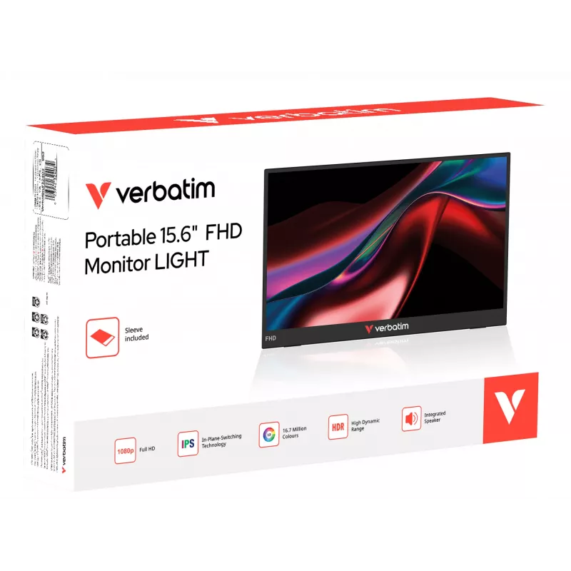 Monitor portátil Verbatim 15,6 polegadas FHD LIGHT, 39,6 cm (15,6 polegadas), LCD, 1920 x 1080 píxeis, Full HD, 16:9, 10 ms